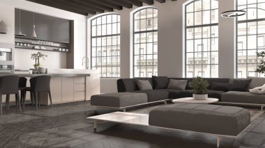 Modern mutfak ve oturma odası bej renkli ve koyu renkli daireler, büyük pencereli kanepe, sandalyeli ada. Klasik parke, ahşap çatı kirişleri, iç tasarım.