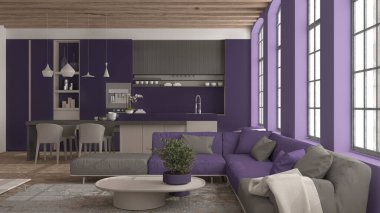 Modern mutfak ve klasik dairede oturma odası bej ve liyak tonlarında büyük pencereli, kanepeli masa ve sandalyeli ada. Klasik parke, ahşap çatı kirişleri, iç tasarım.