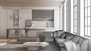 Mimar iç mimar konsepti: elle çizilmiş tamamlanmamış proje, mutfak, oturma ve yemek odası. Klasik parke, ahşap çatı kirişleri, iç tasarım fikri.