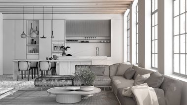 Mimar iç mimar konsepti: elle çizilmiş tamamlanmamış proje, mutfak, oturma ve yemek odası. Klasik parke, ahşap çatı kirişleri, iç tasarım fikri.