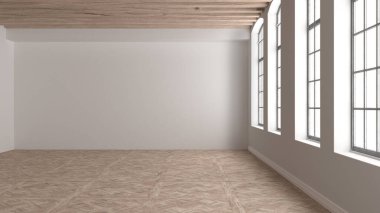 Boş oda iç tasarımı, geniş panoramik ahşap kemerli pencereli açık alan klasik klasik parke ahşap zemin, tahta kirişler, beyaz duvarlar, modern mimari fikri.