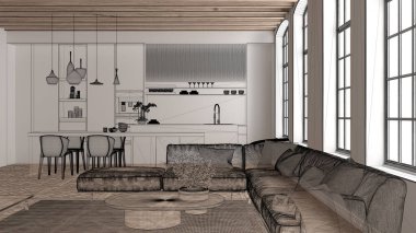 Beyaz duvarlı, parke, ahşap çatı kirişleri, özel mimari tasarım projesi, siyah mürekkep çizimi, mutfak ve oturma odasını gösteren plan, mimari fikir.