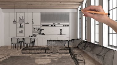 Parke ve ahşap çatı kirişleri, el çizimi özel mimari tasarımı, siyah mürekkep çizimi, mutfak ve oturma odasını gösteren plan, konsept, model, fikir.