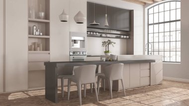 Büyük camlı bej renkli dairede adalı modern mutfak, sandalyeli yemek masası, kolye lambaları. Klasik parke, ahşap çatı kirişleri, iç tasarım.