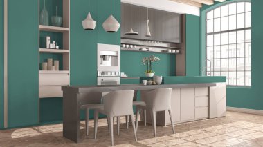 Modern mutfak, eski dairede, bej rengi ve turkuaz tonlarda, büyük camlı, sandalyeli yemek masası, lambalar. Klasik parke, ahşap çatı kirişleri, iç tasarım.