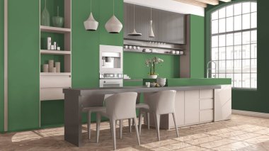 Adayı olan modern mutfak bej renkli, yeşil tonlu, büyük camlı, sandalyeli yemek masalı, kolye lambalı. Klasik parke, ahşap çatı kirişleri, iç tasarım.