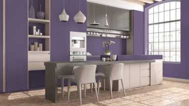 Modern mutfak, klasik dairede, bej renkte, liyak renginde, büyük camlı, sandalyeli yemek masası, kolye lambaları. Klasik parke, ahşap çatı kirişleri, iç tasarım.