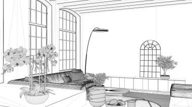 Proje taslağı, modern mutfak ve klasik dairede oturma odası pencereler, çiçekler, kanepe ve dekorlar. Klasik parke, ahşap çatı kirişleri, iç tasarım.