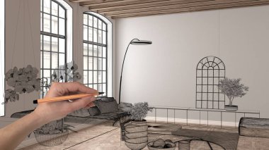 Parke ve ahşap çatı kirişleri, el çizimi özel mimari tasarımı, siyah mürekkep çizimi, mutfak ve oturma odasını gösteren plan, konsept, model, fikir.