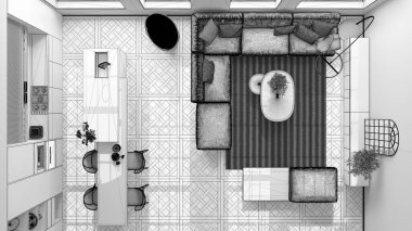 Tamamlanmamış proje taslağı, modern mutfak ve pencereli, kanepeli, yastıklı, sandalyeli bir dairede oturma odası. Klasik parke, iç tasarım, üst görünüm, plan, yukarıda