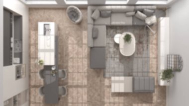 Arka plan bulanık, modern mutfak ve oturma odası pencereli, kanepeli, yastıklı, sandalyeli bir ada. Klasik parke, iç tasarım, üst görünüm, plan, yukarıda