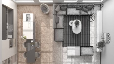 Mimar iç mimar konsepti: elle çizilmiş tamamlanmamış proje, mutfak, oturma, yemek odası. Klasik parke, üst görünüm, plan, yukarıda, iç tasarım fikri