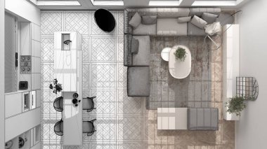 Mimar iç mimar konsepti: elle çizilmiş tamamlanmamış proje, mutfak, oturma, yemek odası. Klasik parke, üst görünüm, plan, yukarıda, iç tasarım fikri