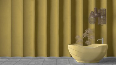 Küvet, lamba ve dekorlarla dolu modern lüks banyoda sarı ve gri beton kalıplı alçı duvar. Kopyalama alanı olan rahat bir arkaplan. Rahatla otel spa, iç tasarım fikri