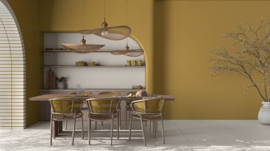 Modern yemek odası içerisi köy dairesi, krema ve sarı tonlarda, el işi ahşap masa, rattan sandalyeler, raflı beton duvarlar. Kopyalama alanı olan bir arkaplan tasarla