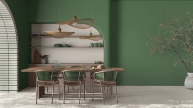 Modern yemek odası içerisi köy dairesi, krema ve yeşil tonlar, el işi ahşap masa, rattan sandalyeler, raflı beton duvarlar. Kopyalama alanı olan bir arkaplan tasarla