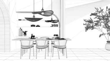 Proje taslağı, taşra dairesinin içindeki modern yemek odası, ahşap masa, rattan sandalyeler, raflı beton duvarlar. Kopyalama alanı olan bir arkaplan tasarla