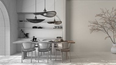 Mimari iç mimar konsepti: elle çizilmiş tamamlanmamış proje gerçek oluyor, kırsal dairede yemek odası, masa, sandalyeler. Kopyalama alanı olan bir arkaplan tasarla