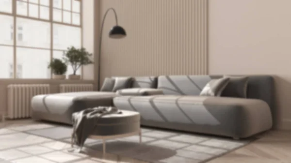 Lur背景 大きな窓付きの古典的なアパートのモダンなリビングルーム 寄木細工 枕付き快適なソファ 毛布付きPoufs 床ランプ カーペット インテリアデザインのアイデア — ストック写真