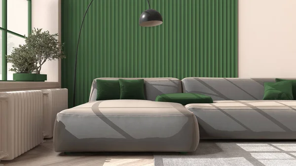 緑とクリーム色のトーン クローズアップ 寄木細工の床 床ランプ カーペット インテリアデザインのアイデアと快適なソファで古典的なアパートのモダンなリビングルーム — ストック写真