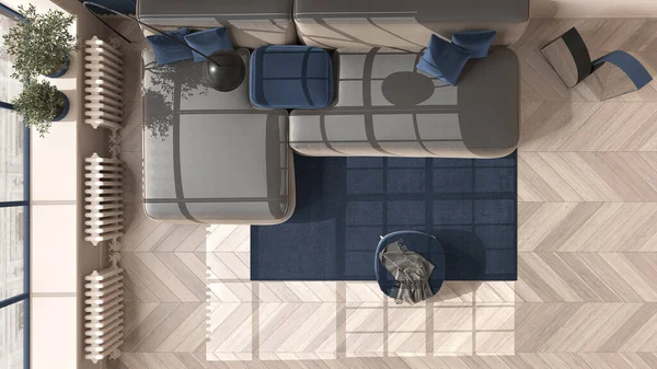 经典公寓的现代客厅 有蓝色和奶油色的大窗户 软垫地板 有枕头 地毯的舒适沙发 室内设计理念 顶视图 平面图等 — 图库照片