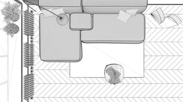 大きな窓 寄木細工 ソファ ランプ カーペット インテリアデザインのアイデア トップビュー 上記と古典的なアパートのブループリントプロジェクトの草案 モダンなリビングルーム — ストック写真