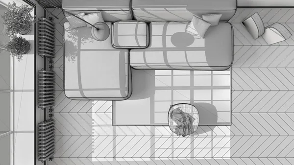 未完成のプロジェクトの草案は 大きな窓 寄木細工 ソファ ランプ カーペット インテリアデザインのアイデア トップビュー 上記と古典的なアパートのモダンなリビングルーム — ストック写真