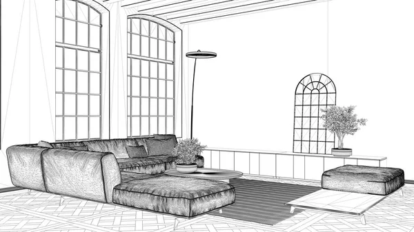 Blueprint Projektentwurf Modernes Wohnzimmer Vintage Wohnung Mit Großem Alten Fenster — Stockfoto