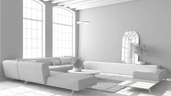 合計白のプロジェクトは 大きな古い窓 カーペット テーブル付きのソファとヴィンテージアパートの現代的なリビングルーム 古典的な寄木細工の床 木製の屋根の梁 インテリアデザインのアイデア — ストック写真