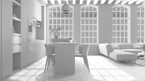 Totale Weiße Projekt Moderne Küche Und Wohnzimmer Vintage Wohnung Mit — Stockfoto