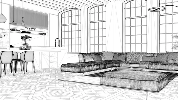 Blaupause Projektentwurf Moderne Küche Und Wohnzimmer Vintage Wohnung Mit Großen — Stockfoto