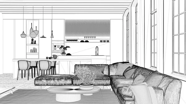 Projet Projet Blueprint Cuisine Moderne Salon Dans Appartement Vintage Avec — Photo