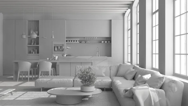 全白色的项目 现代厨房和客厅的老式公寓与大窗户 沙发和桌子 岛屿与椅子 古典风格 木制屋梁 室内设计 — 图库照片