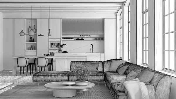 Незавершенный Проект Современная Кухня Гостиная Винтажной Квартире Большими Окнами Диваном — стоковое фото