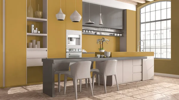 Modern Kitchen Island Vintage Apartment Beige Yellow Tones Big Windows — Stock Photo, Image