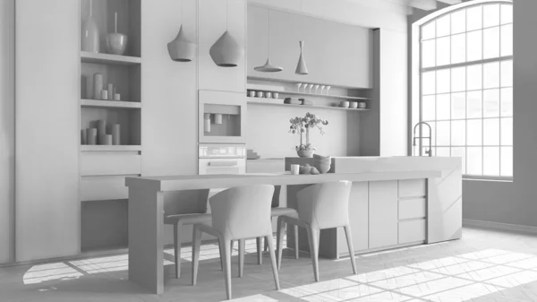 Progetto Total White Cucina Moderna Con Isola Appartamento Epoca Con — Foto Stock