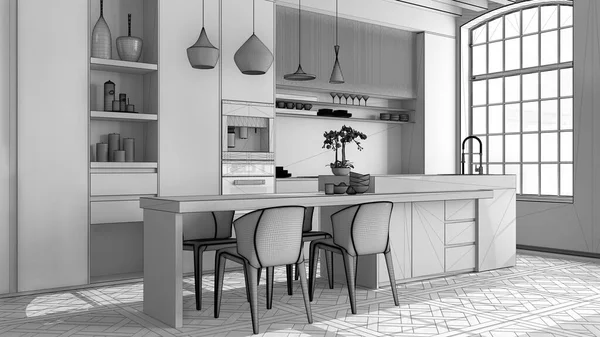 Progetto Incompiuto Cucina Moderna Con Isola Appartamento Epoca Con Grandi — Foto Stock