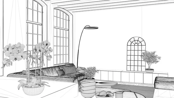 Проект Відбитка Сучасна Кухня Вітальня Старовинній Квартирі Вікнами Квітами Крупним — стокове фото