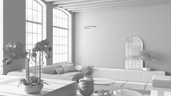 Полный Белый Проект Современная Кухня Гостиная Винтажной Квартире Окнами Цветами — стоковое фото