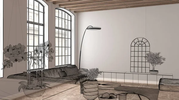 응접실 프로젝트 스케치 거실을 청사진 아이디어가 — 스톡 사진