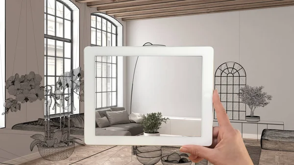 증강현실 터치스크린 스케치 주방에서 가구를 시뮬레이션하는 프로그램으로 손으로 태블릿을 — 스톡 사진