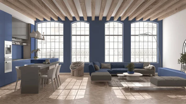 ベージュと大きな窓 テーブル付きのソファ 椅子付きの島と青の色調でヴィンテージアパートのモダンなキッチンとリビングルーム 古典的な寄木細工 木製の屋根の梁 インテリアデザイン — ストック写真