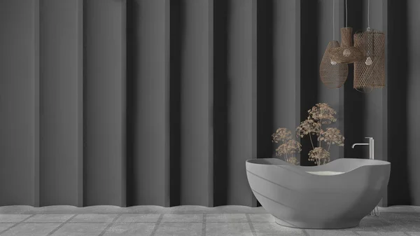 Parede Gesso Moldado Concreto Cinza Banheiro Luxo Moderno Com Banheira — Fotografia de Stock