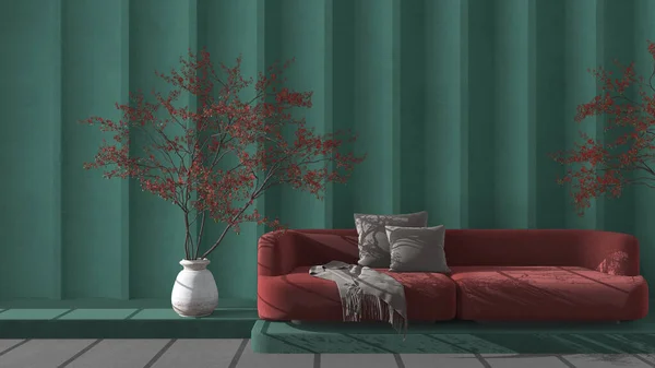 ソファと鉢植えの木と現代の高級リビングルームでターコイズと赤のコンクリート成形石膏壁 コピースペースと居心地の良い背景 リラックスショーケース インテリアデザインのコンセプトアイデア — ストック写真