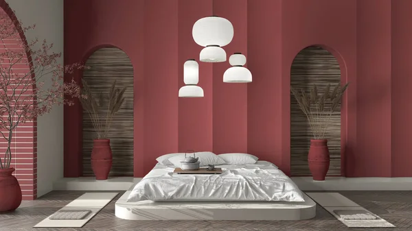 Pared Yeso Moldeada Hormigón Beige Rojo Dormitorio Oriental Zen Con — Foto de Stock