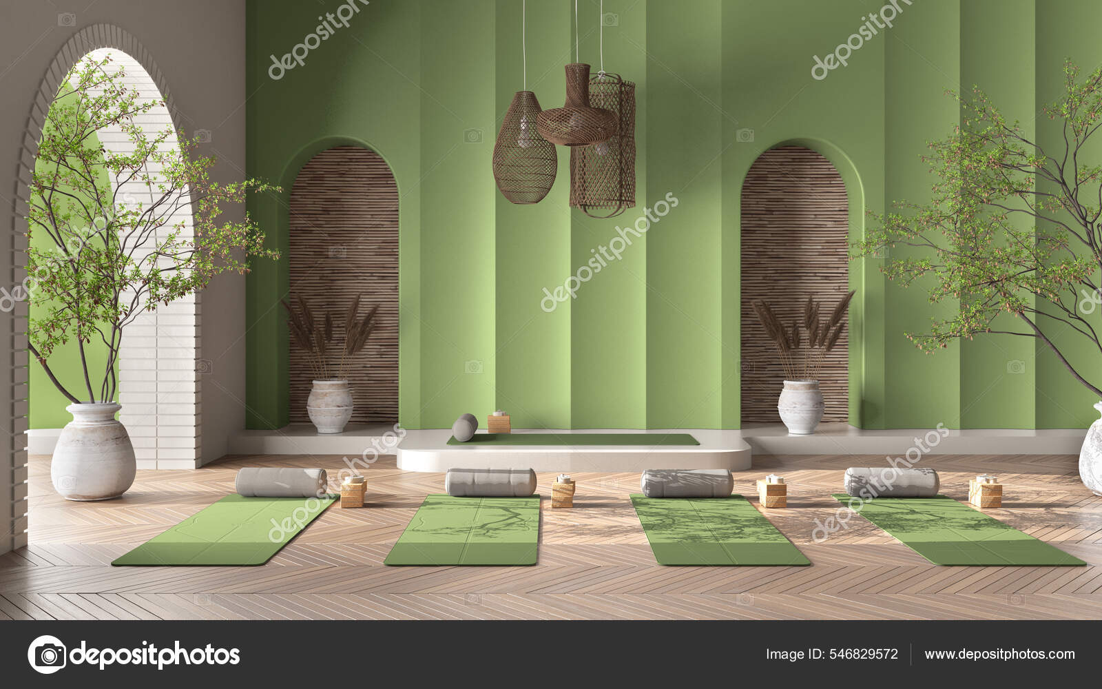 Empty Yoga Studio Interior Design Green Tones Western Japanese Space Stock  Photo by ©ArchiVIz 546829572