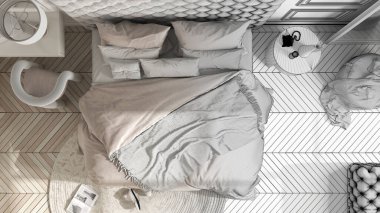 Mimari iç mimar konsepti: elle çizilmiş tamamlanmamış proje, ana yatak, parke, sandalyeli masa. Üst görünüm, plan, yukarıdaki rahatlama konsepti.