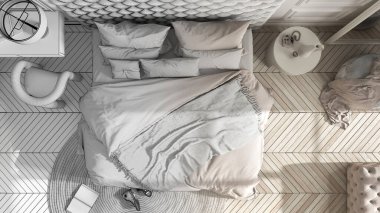 Mimari iç mimar konsepti: elle çizilmiş tamamlanmamış proje, ana yatak, parke, sandalyeli masa. Üst görünüm, plan, yukarıdaki rahatlama konsepti.