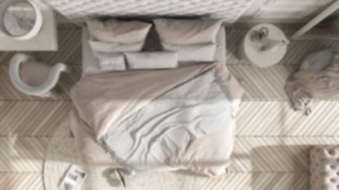 Arka plan bulanık, klasik yatak odası süiti kadife çift kişilik ana yatak, parke, kalıplı duvarlar, sandalyeli masa. Üst manzara, plan, yukarıda. İç tasarım fikri, rahatla konsepti