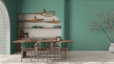 Taşrada modern yemek odasının içi, krema ve turkuaz renkler, el işi ahşap masa, rattan sandalyeler, raflı beton duvarlar. Kopyalama alanı olan bir arkaplan tasarla